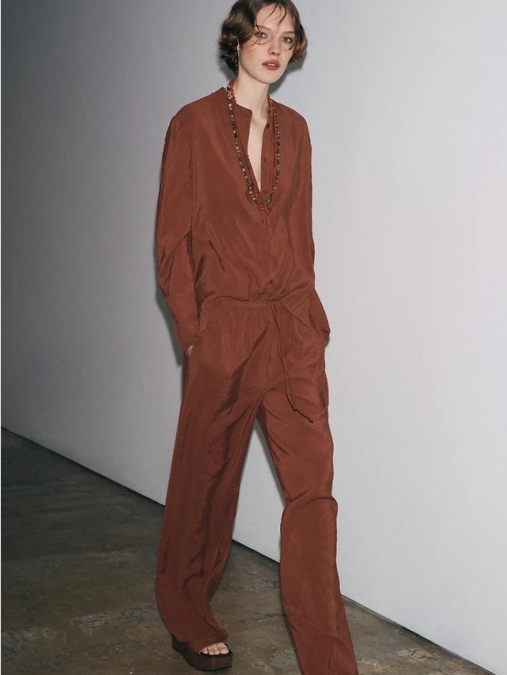 Relaxed Rust Brown Women's 2 pieces set, blouse and pants